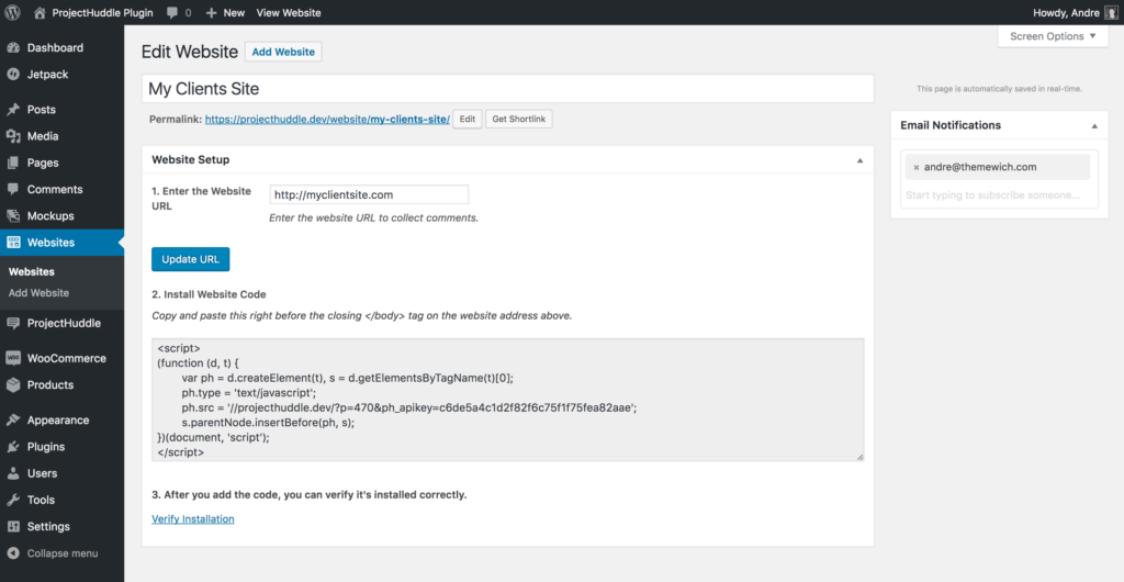 Adding a ProjectHuddle website